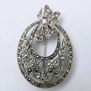 Marcasite Brooch Amethyst  Bow Pin Vintage Flower Vintage